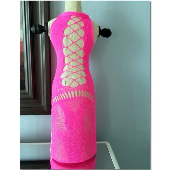 Lace Lingerie Hot Pink Bodycon Sheer Stretch Elastic Form Fitting Paint - Picture 4 of 10